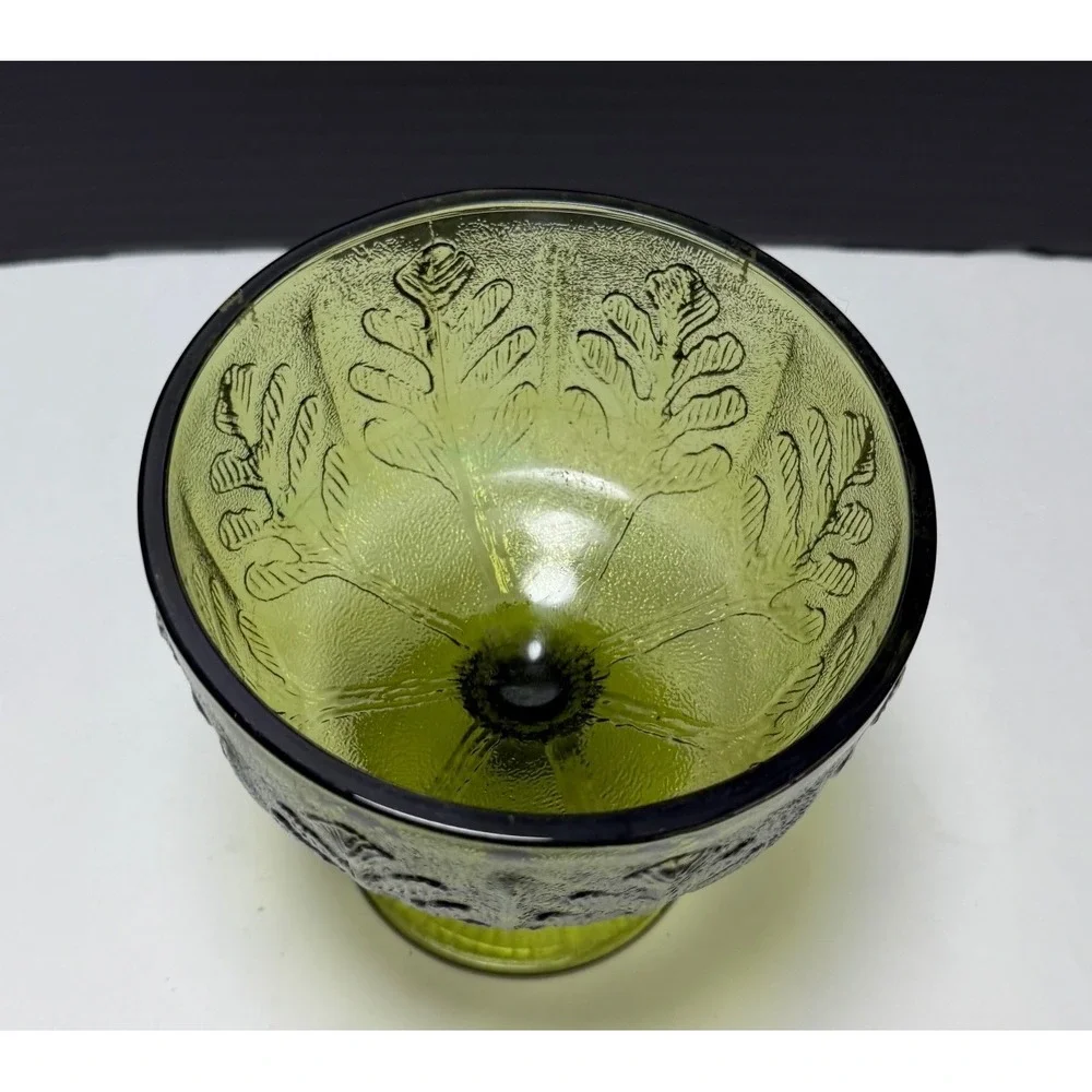 Vintage FTD Green Glass Compote Pedestal Candy Dish Embossed Leaf Pattern